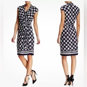 Eliza J Faux Wrap Belted Polka Dot Contrast Sleeveless Lined Navy Size 6